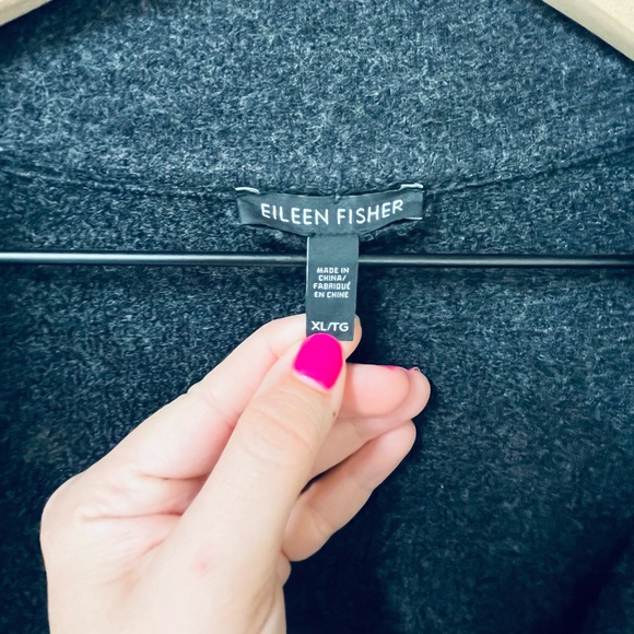 SOLD Eileen Fisher High Neck Black Leather Sleeve Dark Grey Wool Jacket Size XL - Picture 9 of 11